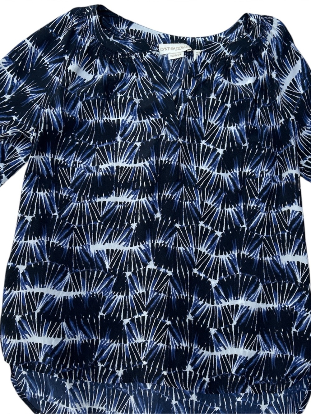 Blouse Boho 100% Silk Top XS Blue Tie-Dye Travel Coastal Resort Lightweight